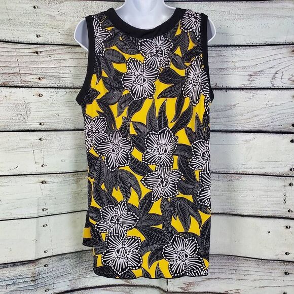 Cato Woman Plus Floral Sleeveless Top Yellow Black White 18/20W Keyhole Blouse - Picture 4 of 8